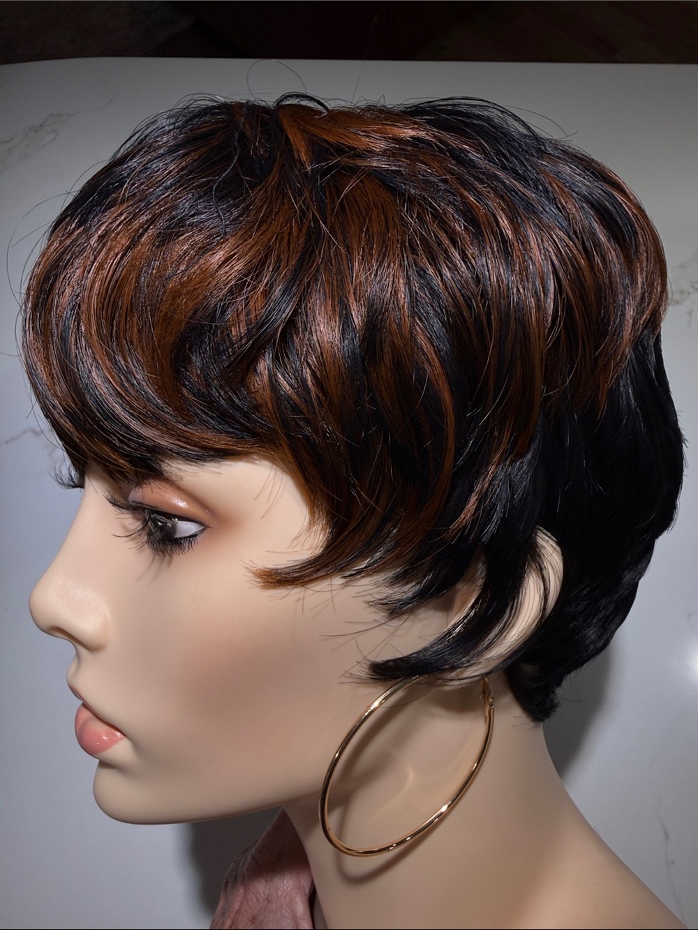 HAIR, Pixie Cut with Bangs, Black with Copper/Carmel highlights - Picture 9 of 13